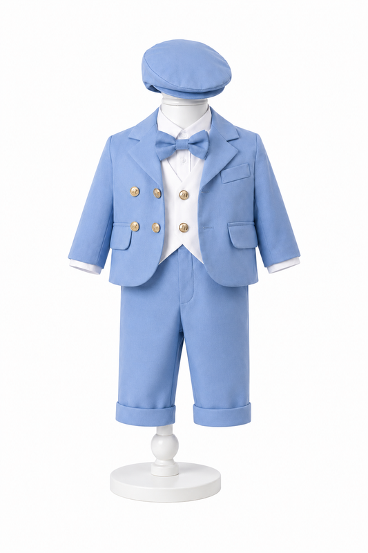 Costum bebe albastru si alb 6 piese