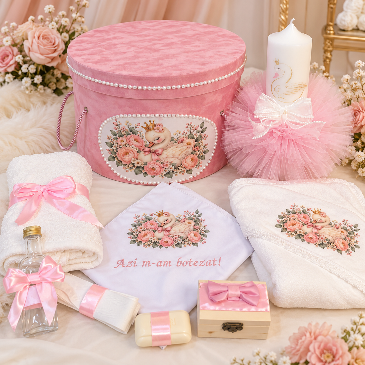 Set botez lebada -( trusou + lumânare+ cutie catifea )