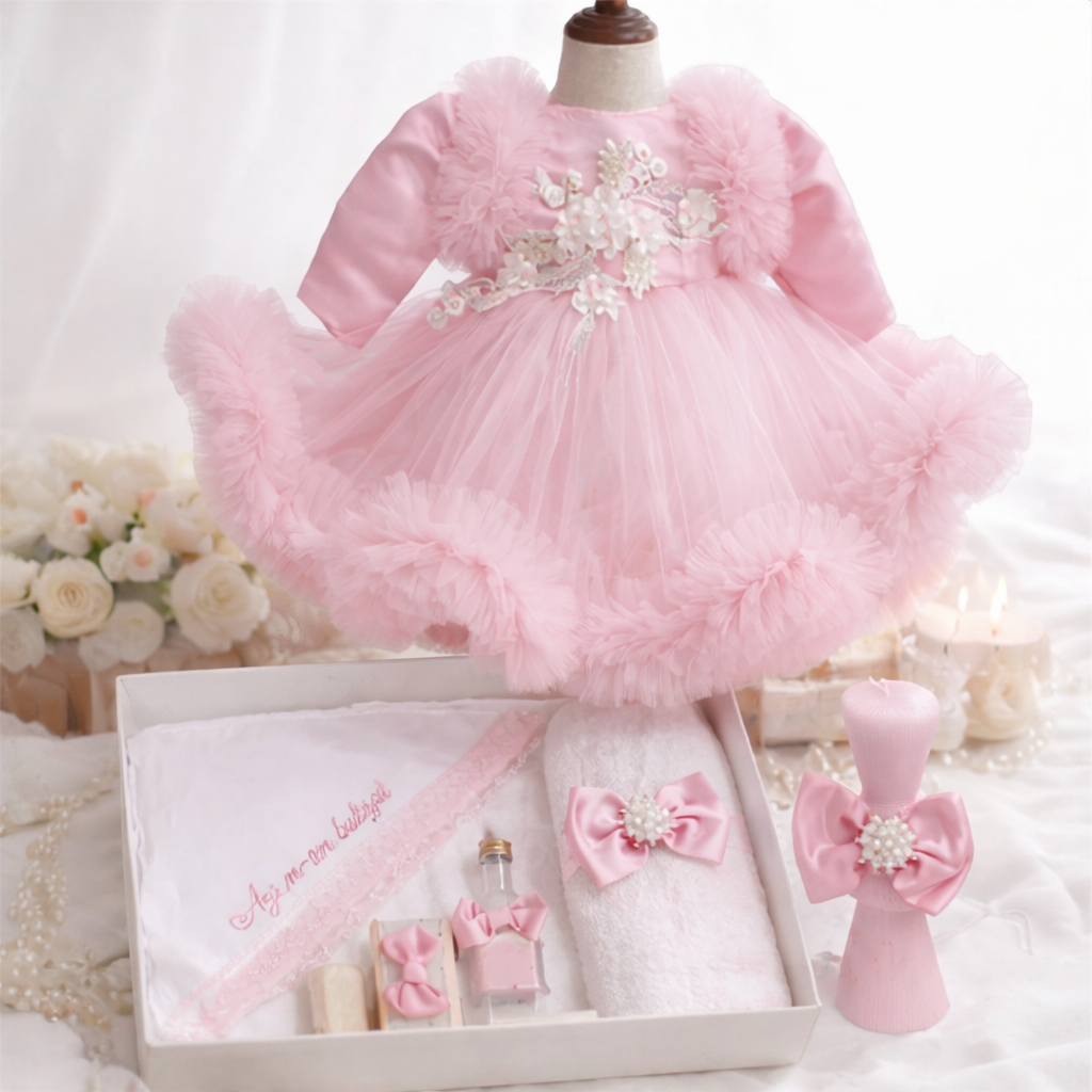 Set botez fetita roz cu flori