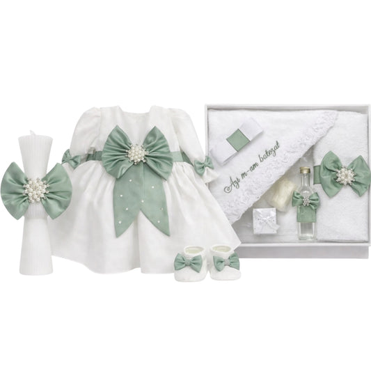 Set botez fetita cu rochie fistic
