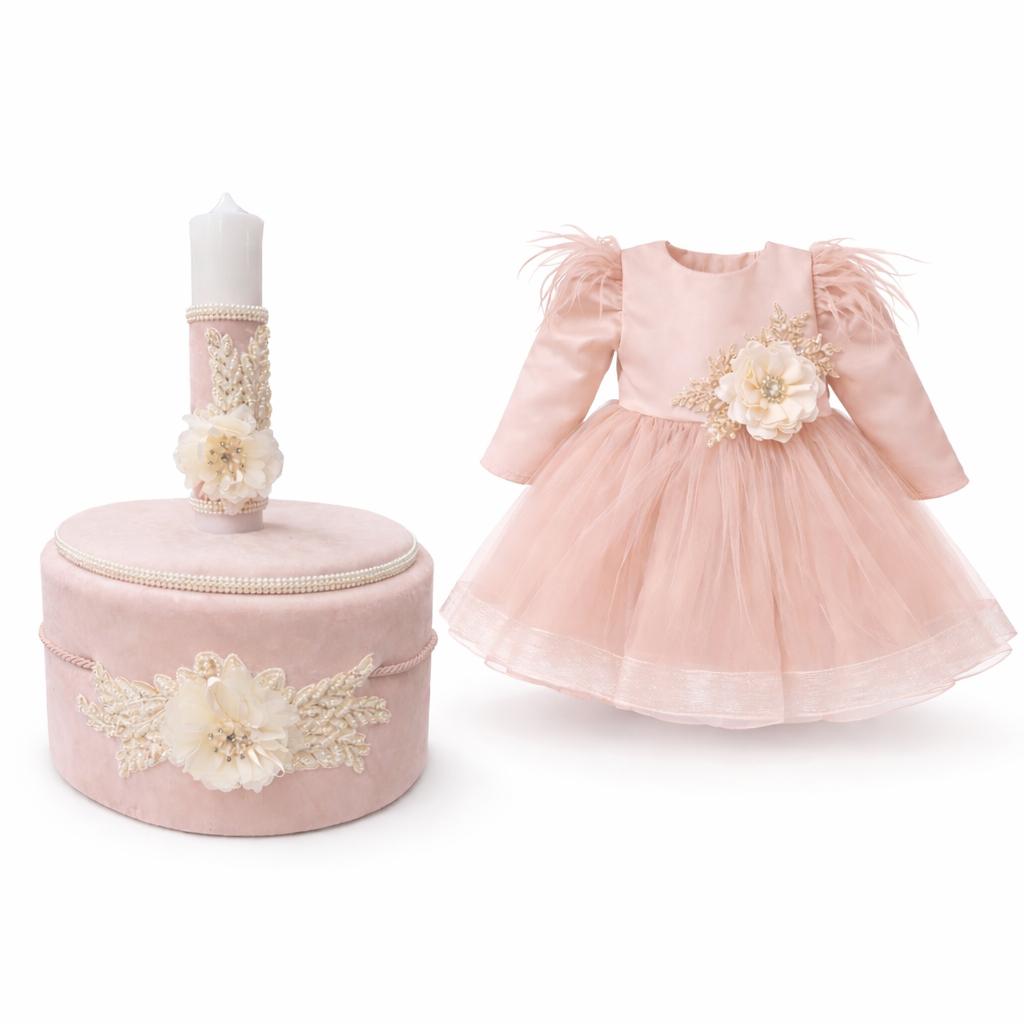 Set botez roz pudra cu floare