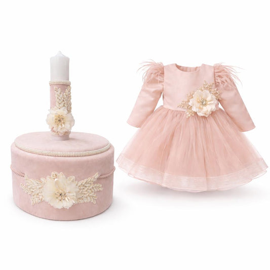 Set botez roz pudra cu floare
