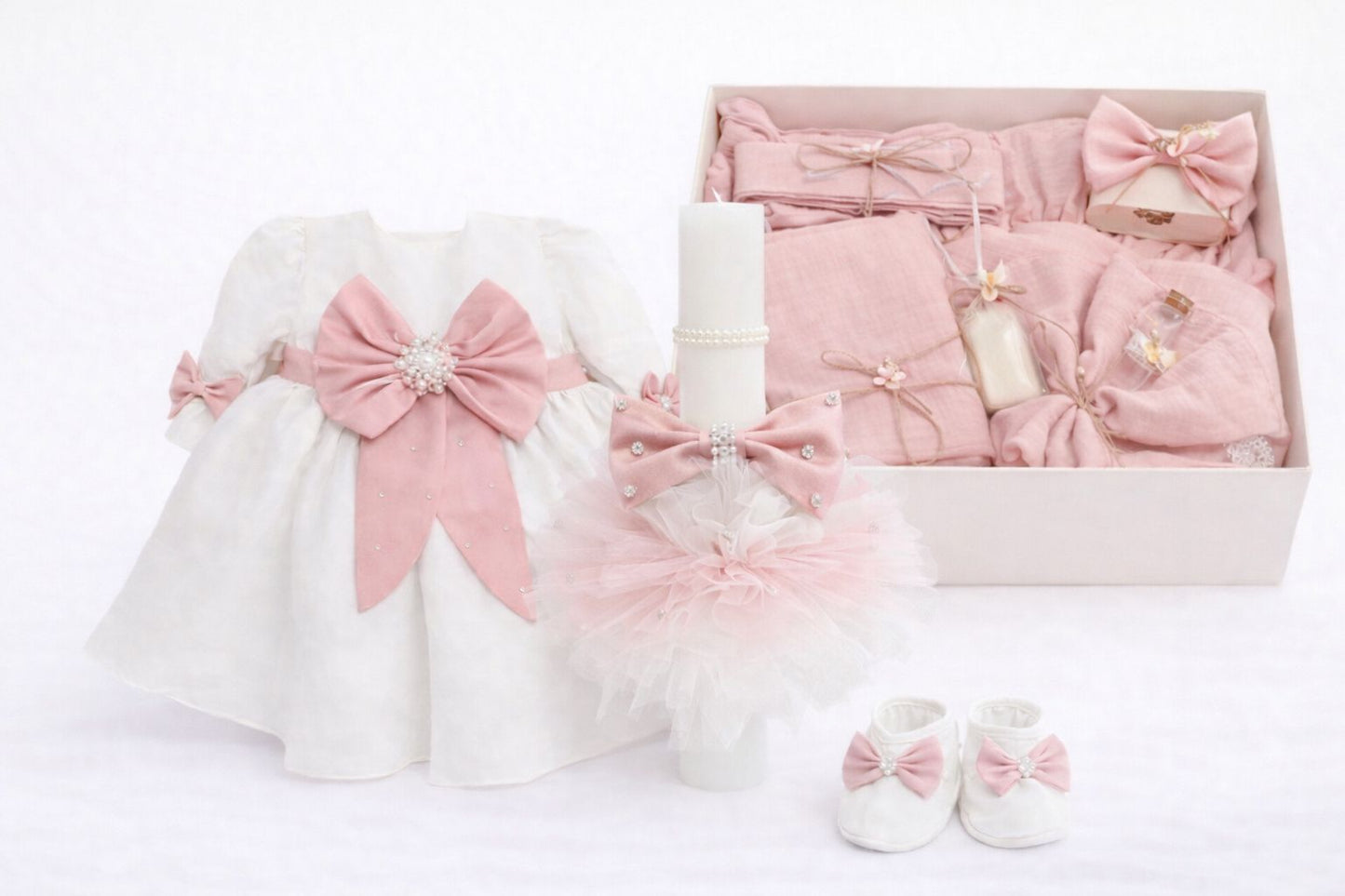 Set botez fetita roz pudra cu muselina