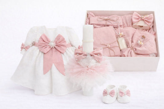 Set botez fetita roz pudra cu muselina