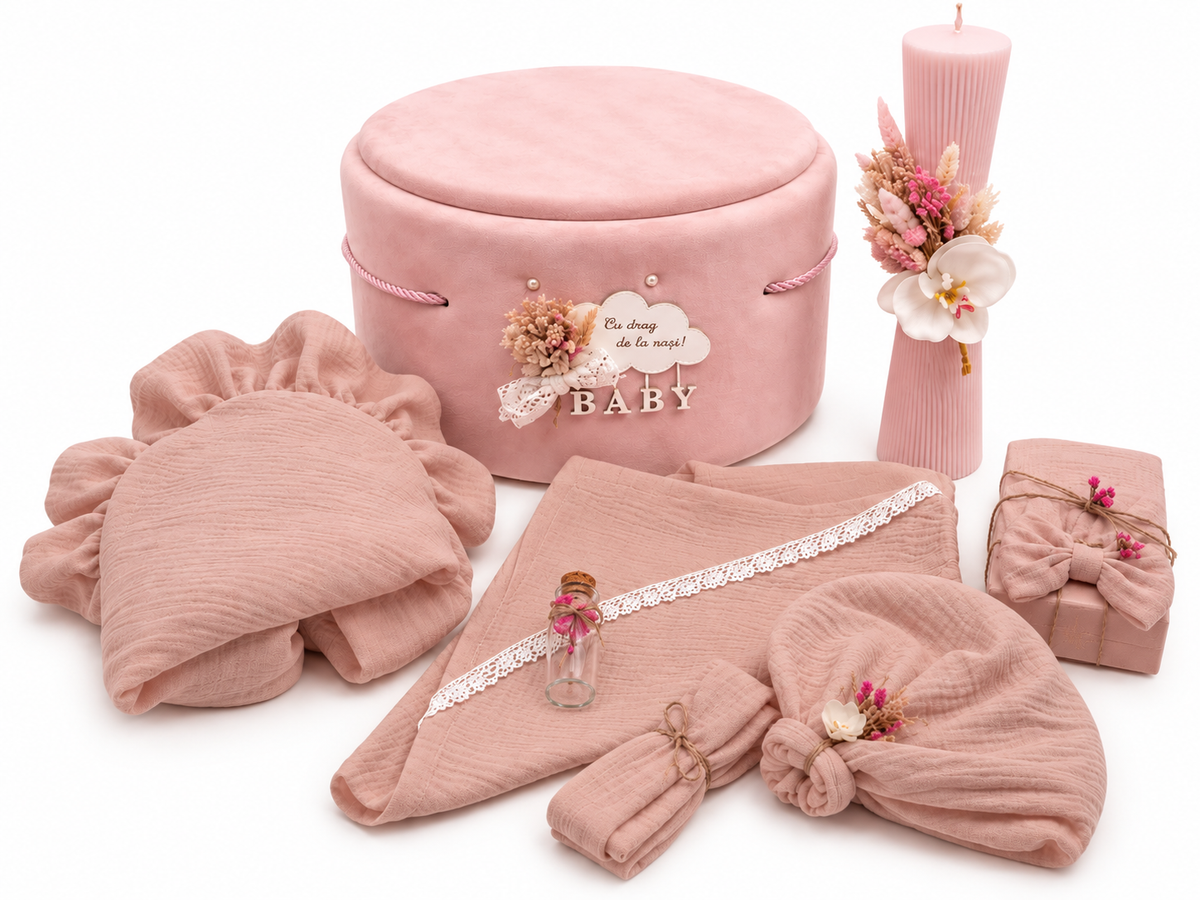 Set botez catifea muselina roz pudra -trusou, cutie , lumânare