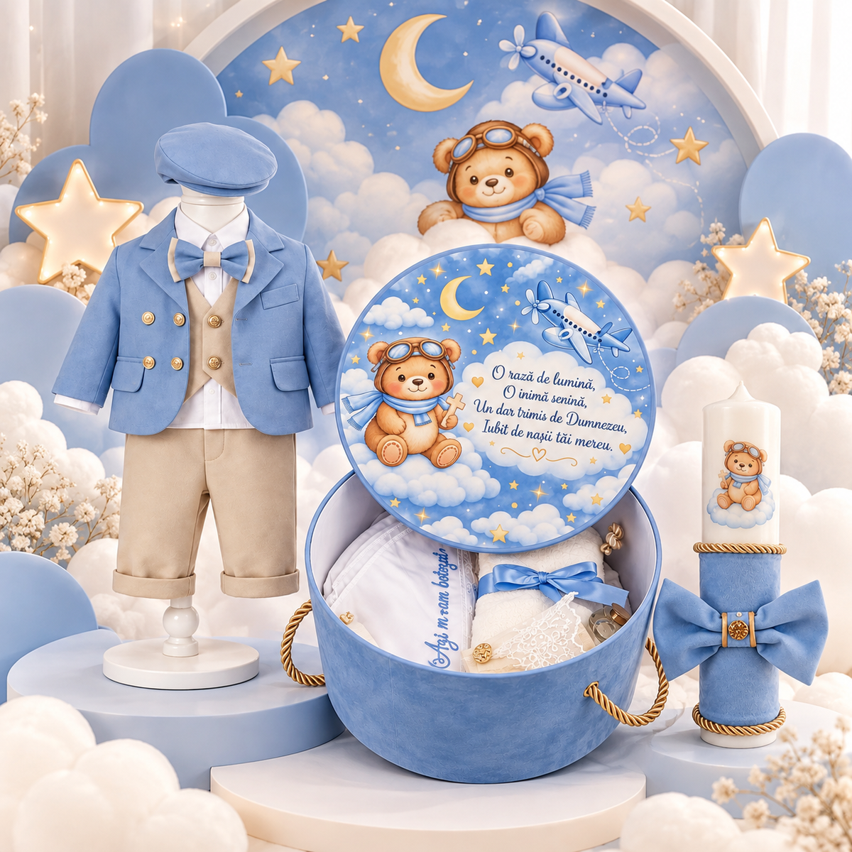 Set botez băiețel baby blue urs( Trusou+ lumânare+ Costum)