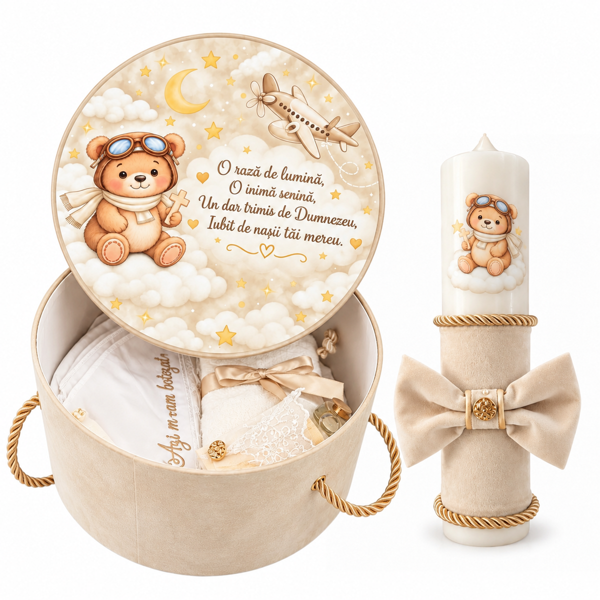 Set botez crem ursuleț cu norișori