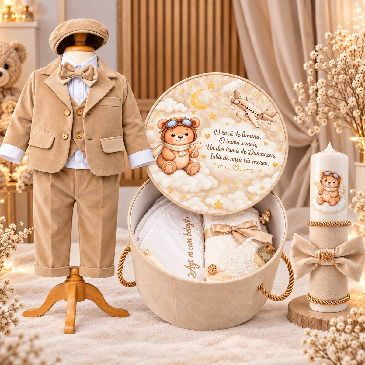 Set botez băiețel crem ursuleț cu norisori( Trusou+ lumânare+ Costum din catifea)