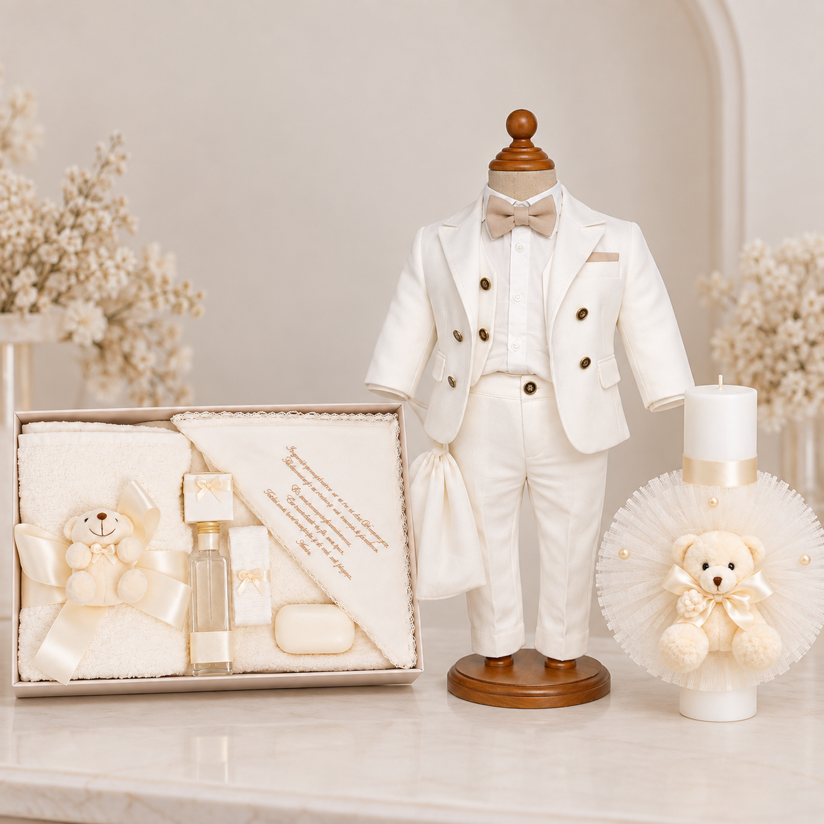 Set botez băiețel alb cu ivoir  ursuleț ( Trusou+ lumânare+ Costum)