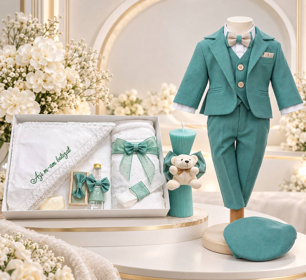 Set botez băiețel ursuleț ( Trusou+ lumânare+ Costum)