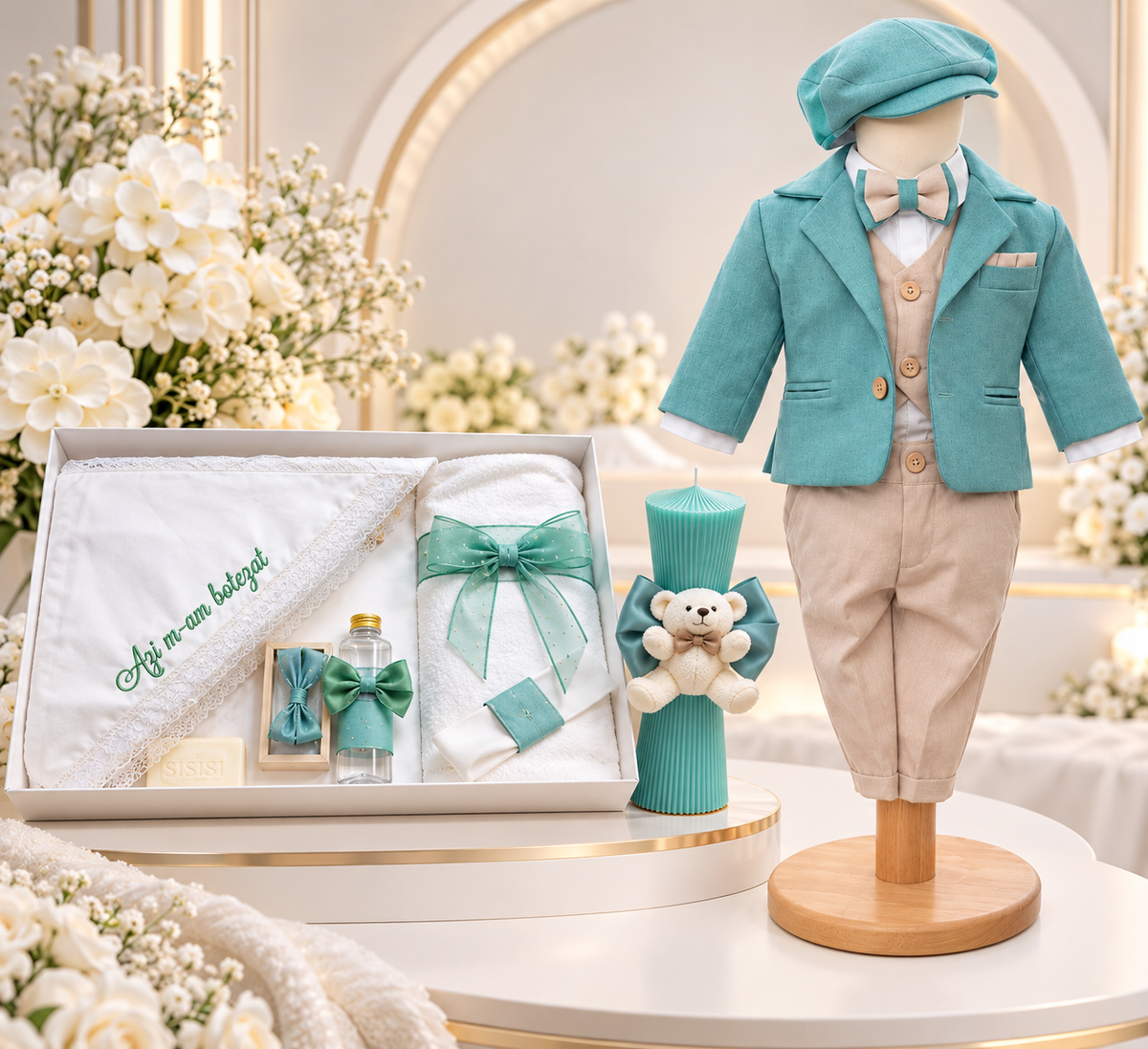 Set botez băiețel ursuleț menta ( Trusou+ lumânare+ Costum)