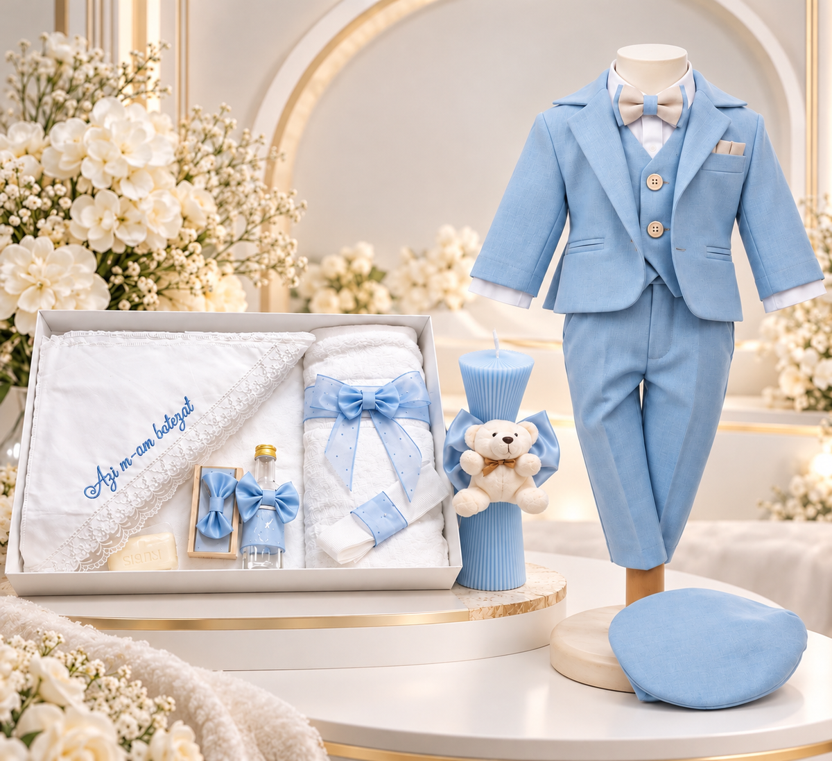 Set botez băiețel ursuleț baby blue ( Trusou+ lumânare+ Costum)