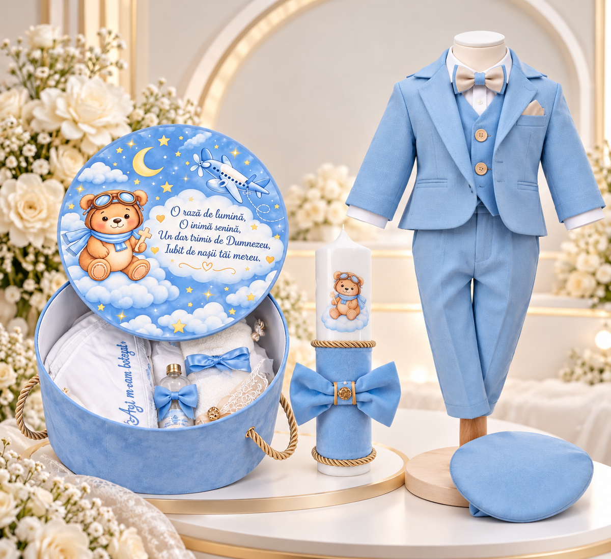Set botez băiețel baby blue urs( Trusou+ lumânare+ Costum+ botoși)