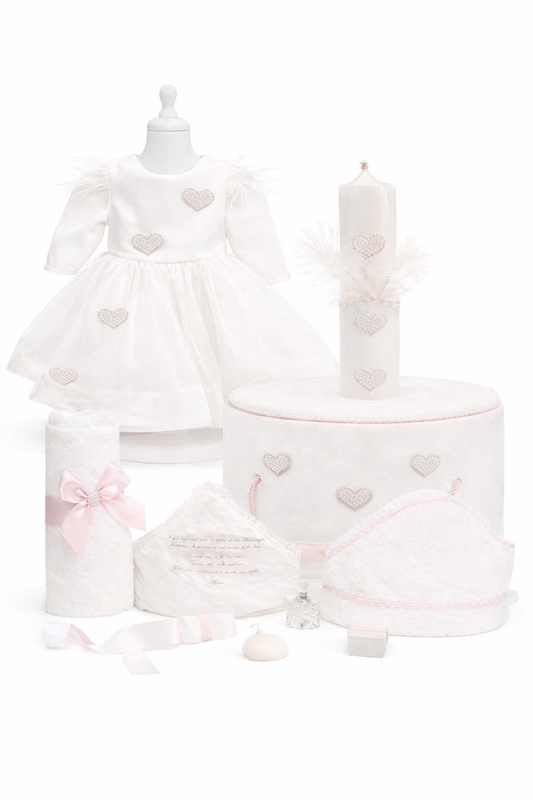 Set botez fetita alb cu inimioare