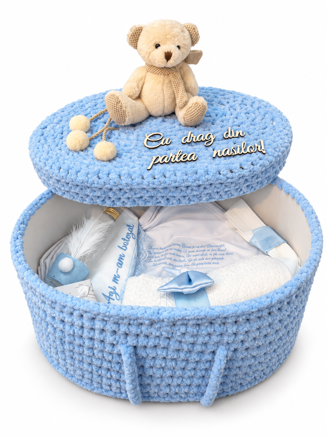 Trusou botez urs baby blue croșetat