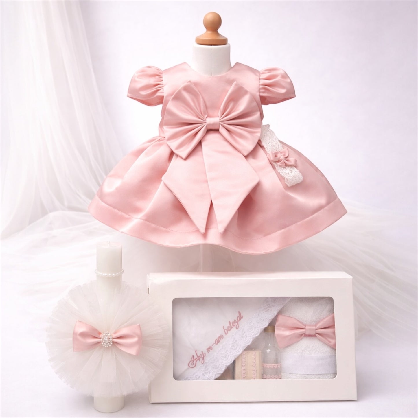 Set botez fetita roz pudra cu fundita
