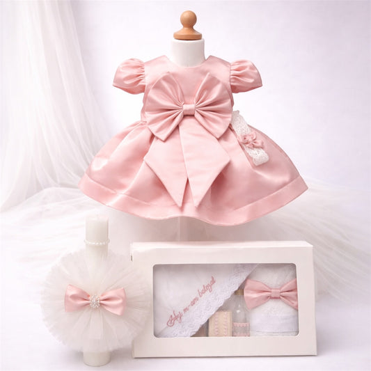Set botez fetita roz pudra cu fundita