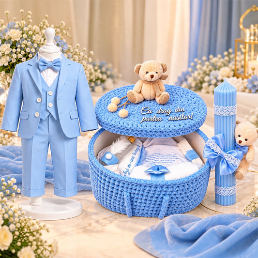 Set botez băiețel albastru ( Trusou+ lumânare+ Costum)