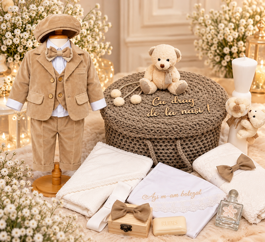 Set botez băiețel nuanțe de maro cu crem ursuleț  ( Trusou+ lumânare+ Costum)