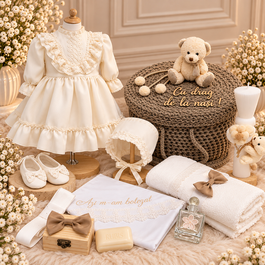 Set botez fetita maro cu ursuleț - Trusou+ lumânare+ rochița ivoir