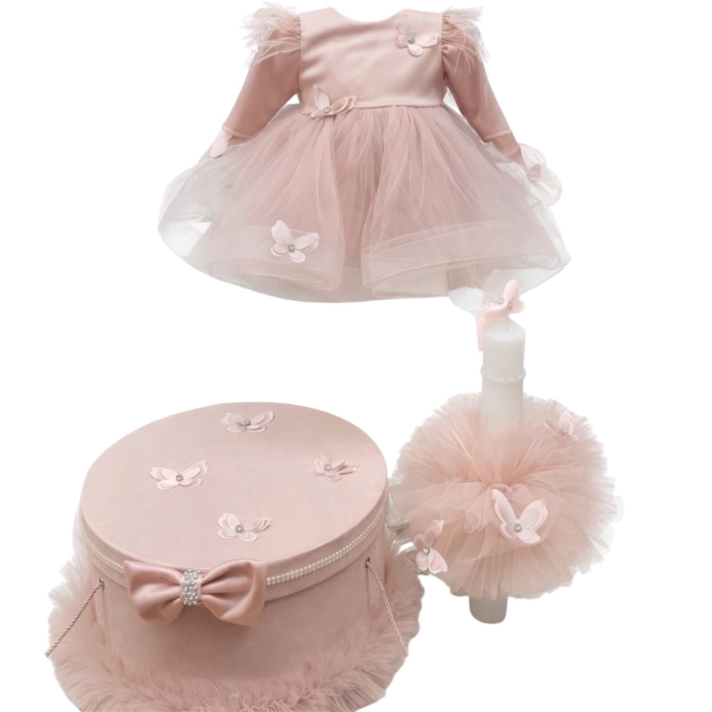 Set botez fetita roz pudra cu fluturi