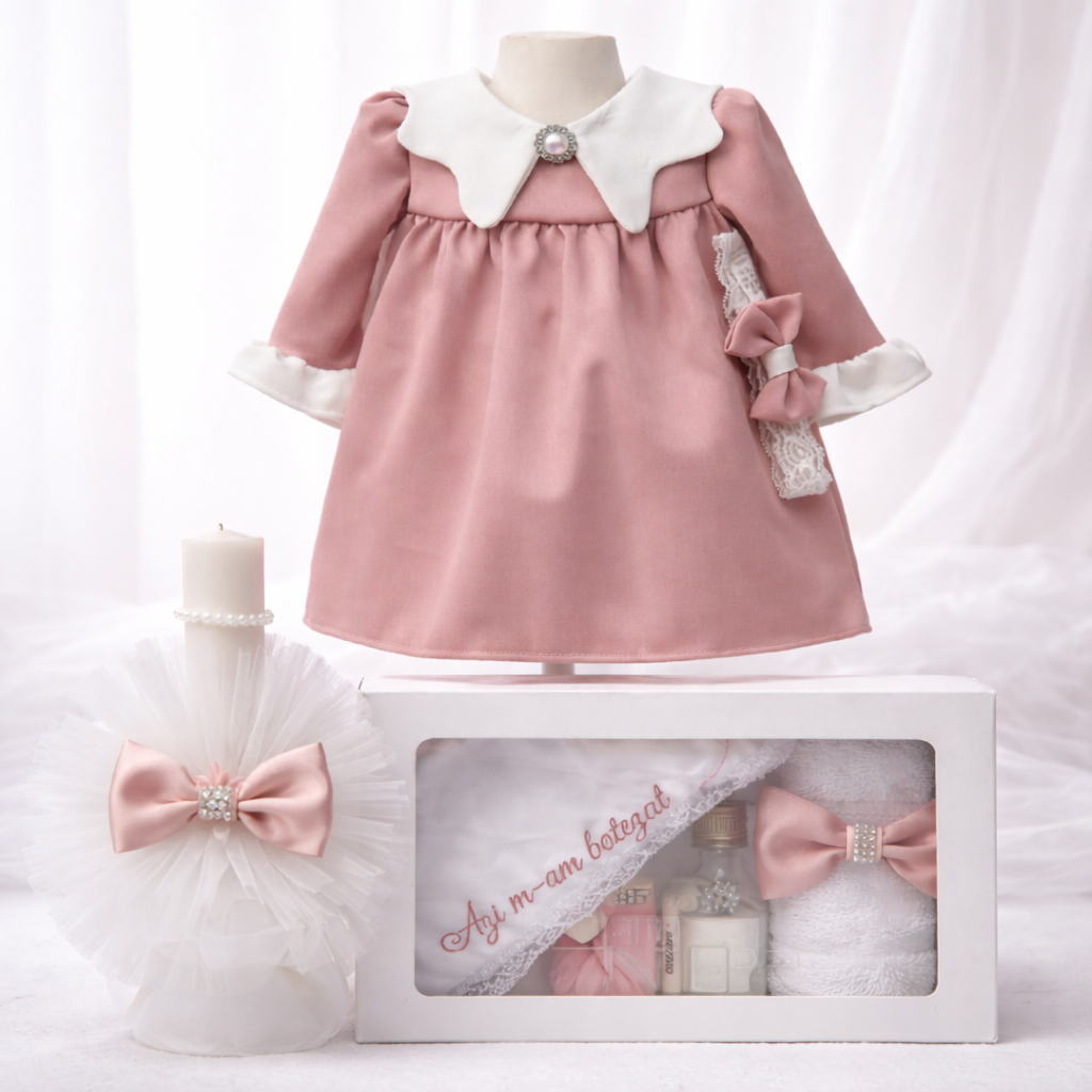 Set botez fetita roz pudra