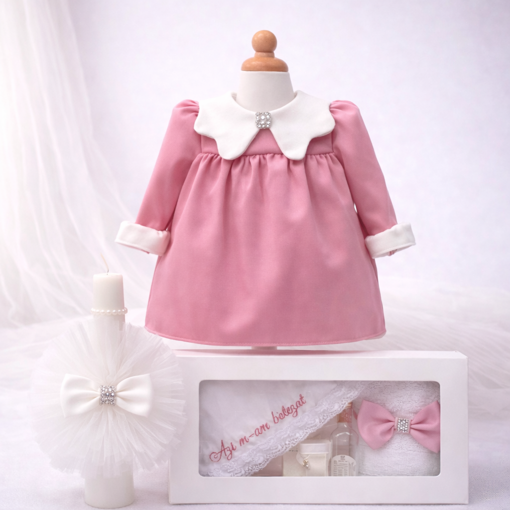 Set botez fetita roz cu funda