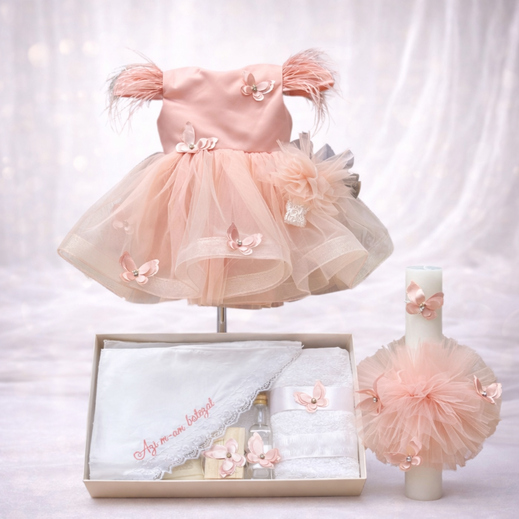 Set botez fetita fluturi roz pudra