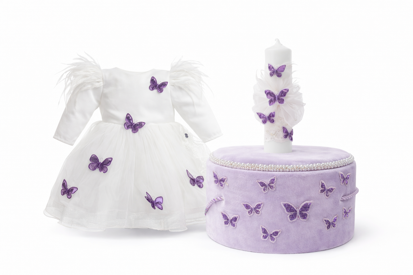 Set botez fetita mov cu fluturi