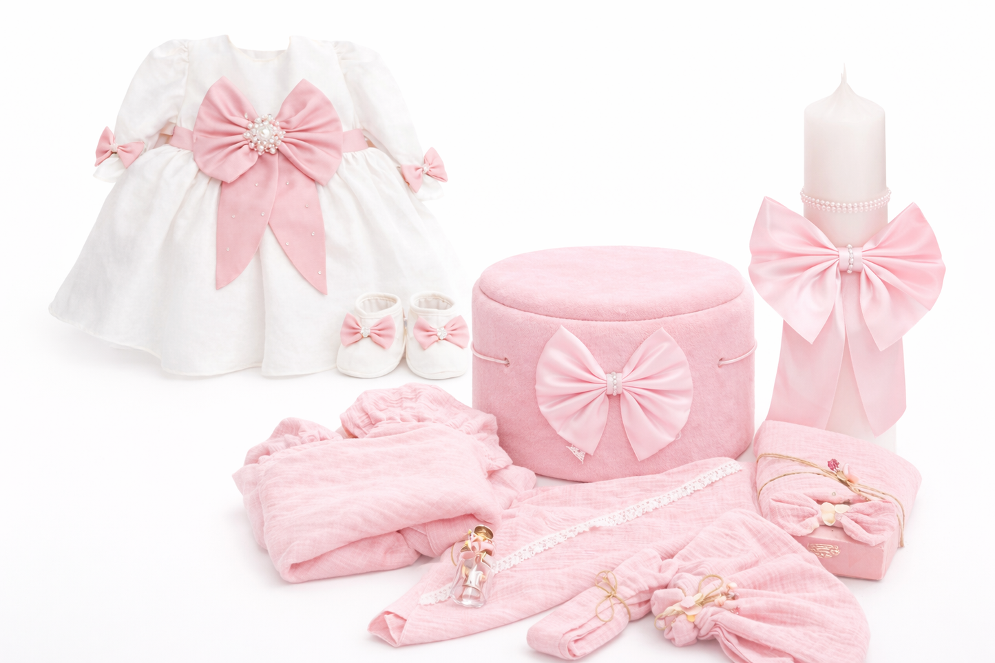 Set botez fetita muselina roz