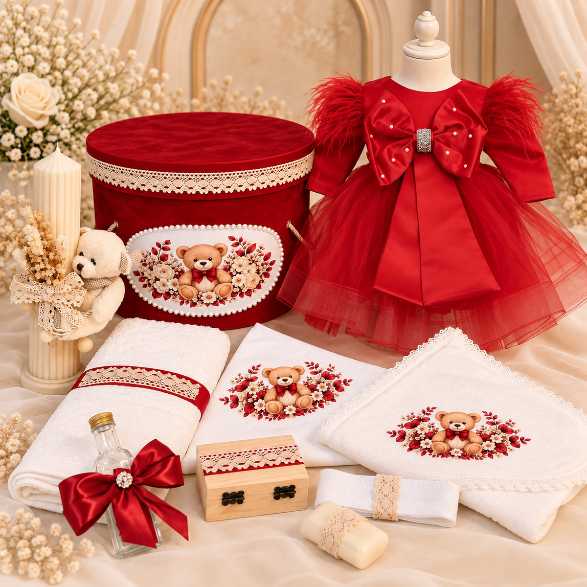 Set botez fetita rosu cu ursuleț - Trusou+ lumânare+ rochita