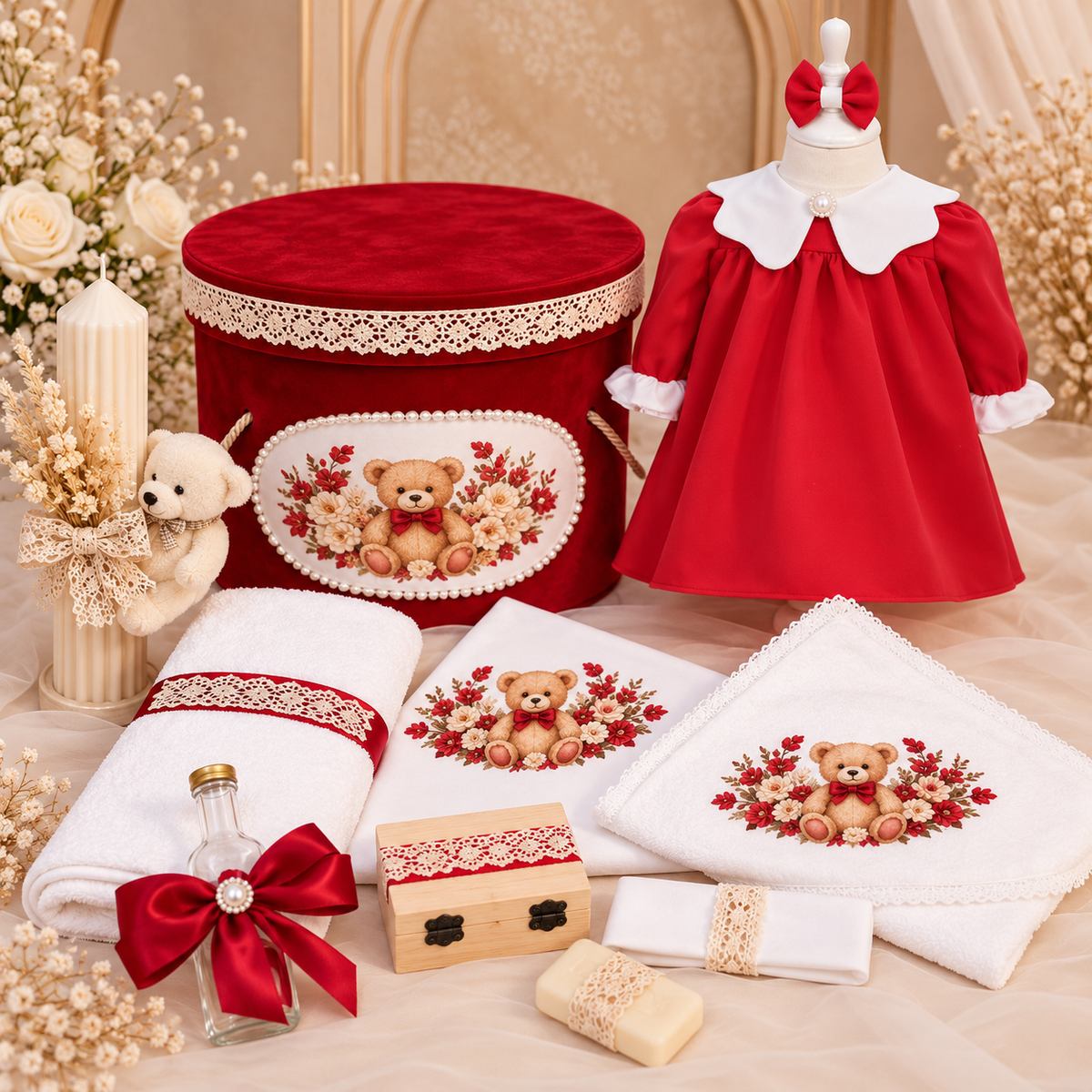 Set botez fetita rosu cu ursuleț - Trusou+ lumânare+ rochita