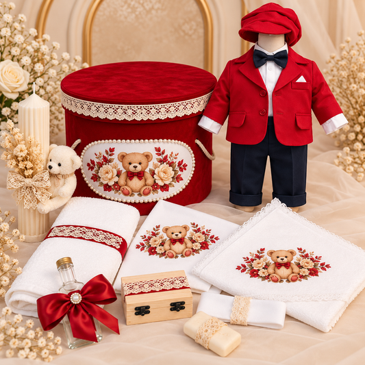 Set botez băiețel ursuleț rosu(Trusou+ lumânare+ Costum)