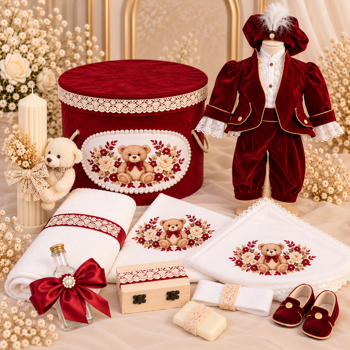 Set botez băiețel ursuleț rosu(Trusou+ lumânare+ Costum+ botoși)