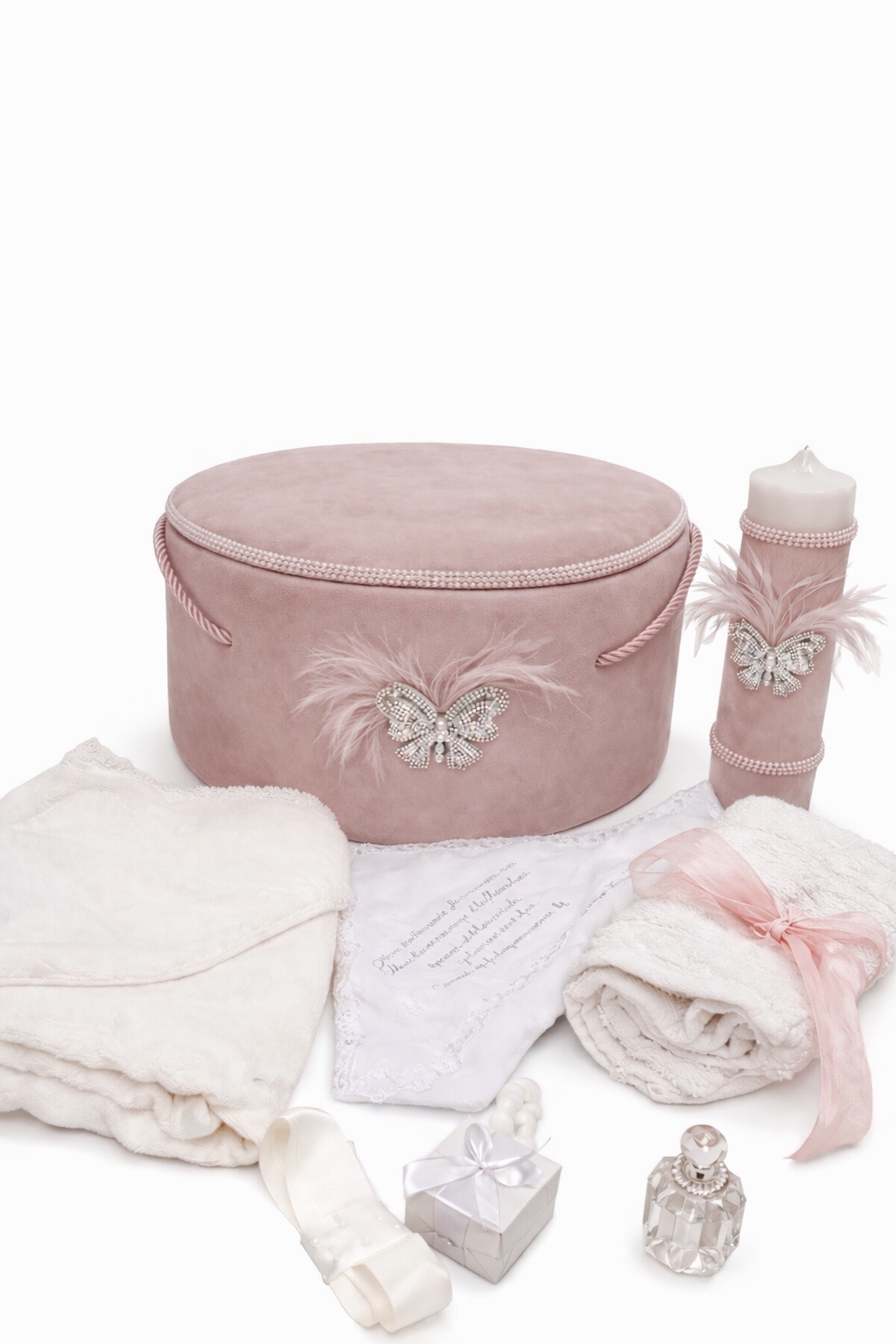 Trusou catifea roz pudra cu fluture cristal