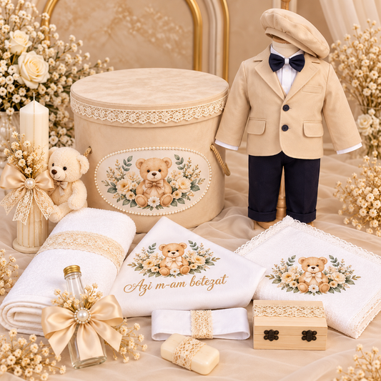 Set botez băiețel ursuleț crem (Trusou+ lumânare+ Costum)