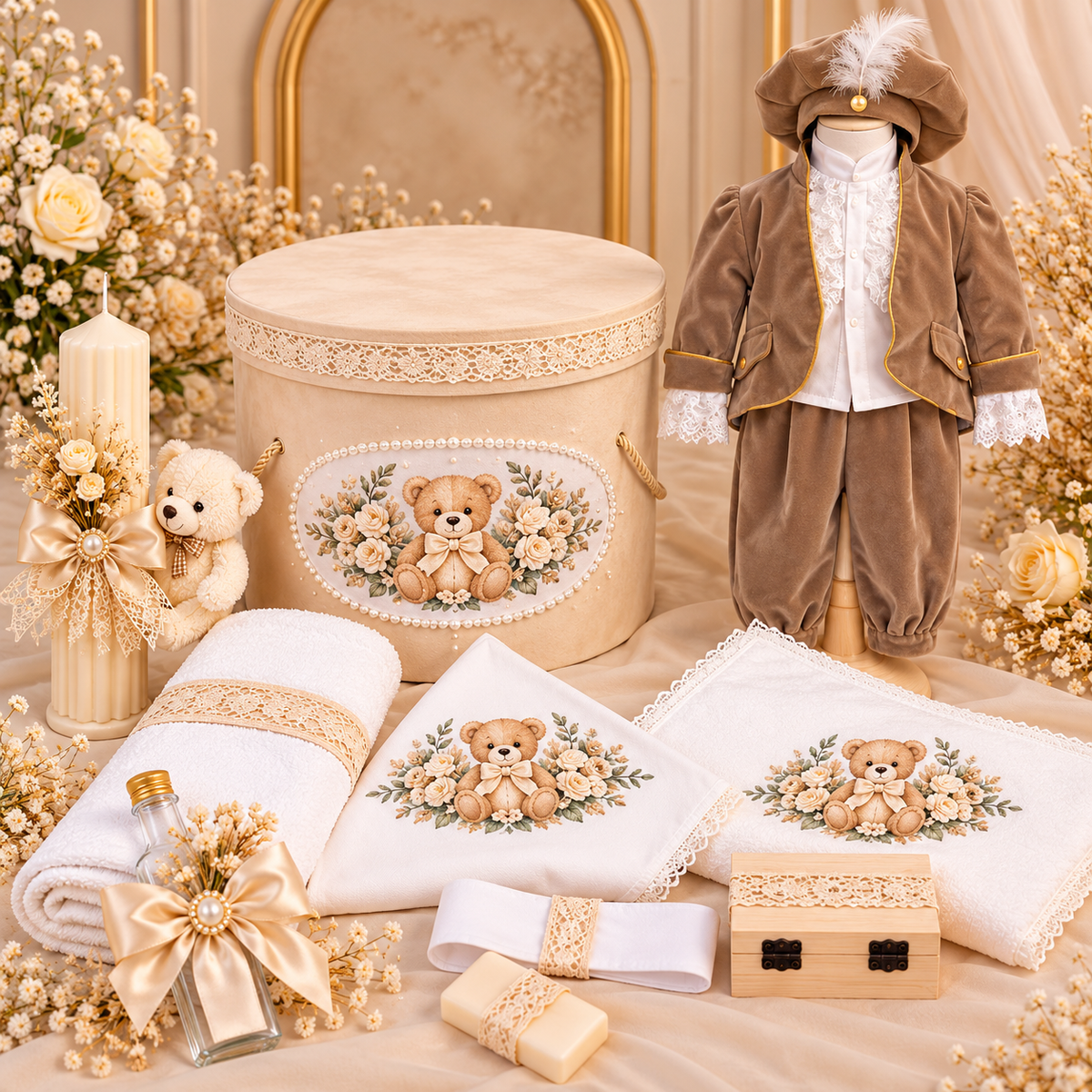 Set botez băiețel ursuleț crem (Trusou+ lumânare+ Costum)