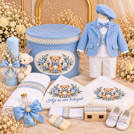 Set botez băiețel ursuleț albastru (Trusou+ lumânare+ Costum) (Copy)
