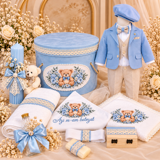 Set botez băiețel ursuleț baby blue (Trusou+ lumânare+ Costum)