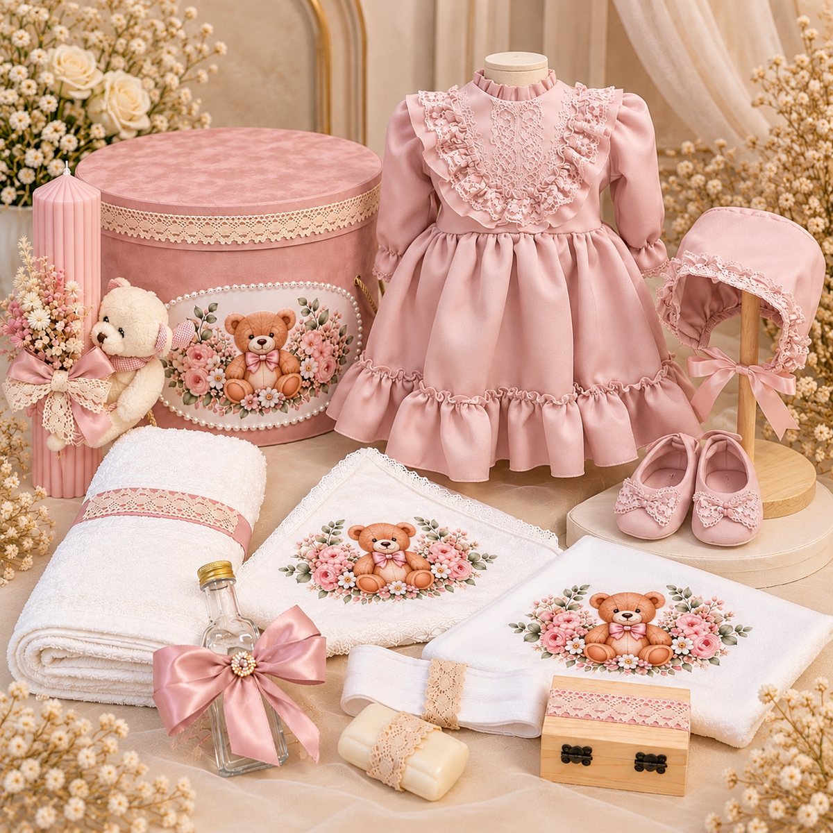 Set botez fetita roz pudra cu ursuleț - Trusou+ lumânare+ rochita + botosei