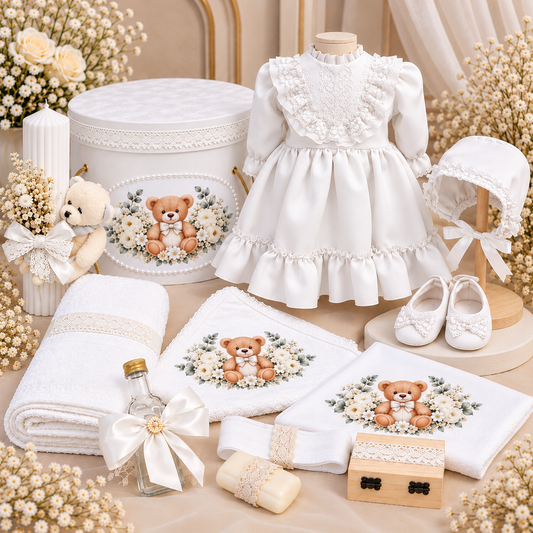 Set botez fetita cu ursuleț - Trusou+ lumânare+ rochita + botosei
