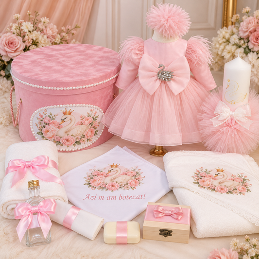Set botez fetita roz lebada- Trusou+ lumânare+ rochita