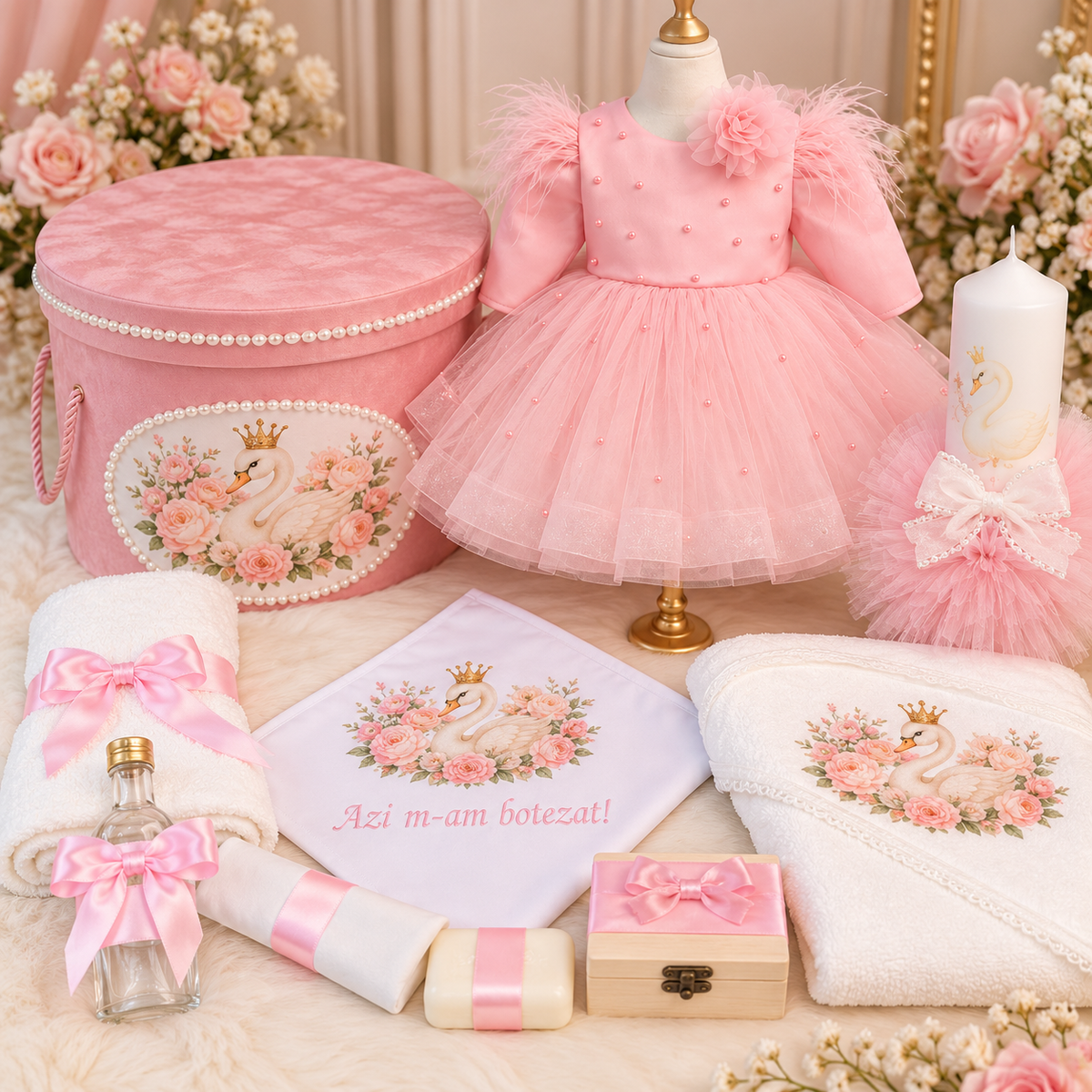 Set botez fetita roz lebada- Trusou+ lumânare+ rochita