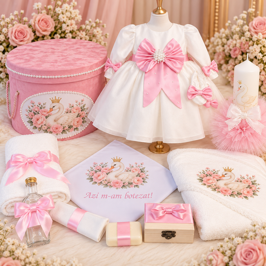 Set botez fetita roz lebada- Trusou+ lumânare+ rochita