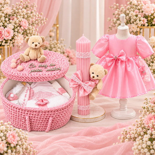 Set botez fetita ursuleț -  Trusou+ lumânare+ rochița