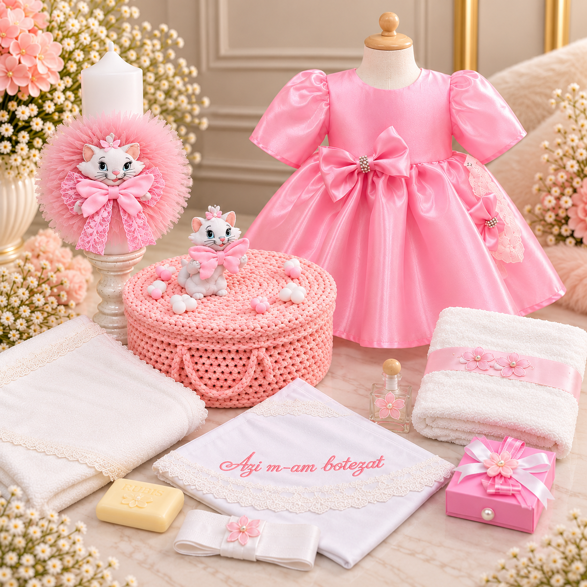 Set botez fetita pisica Marie - Trusou+ lumânare+ rochița