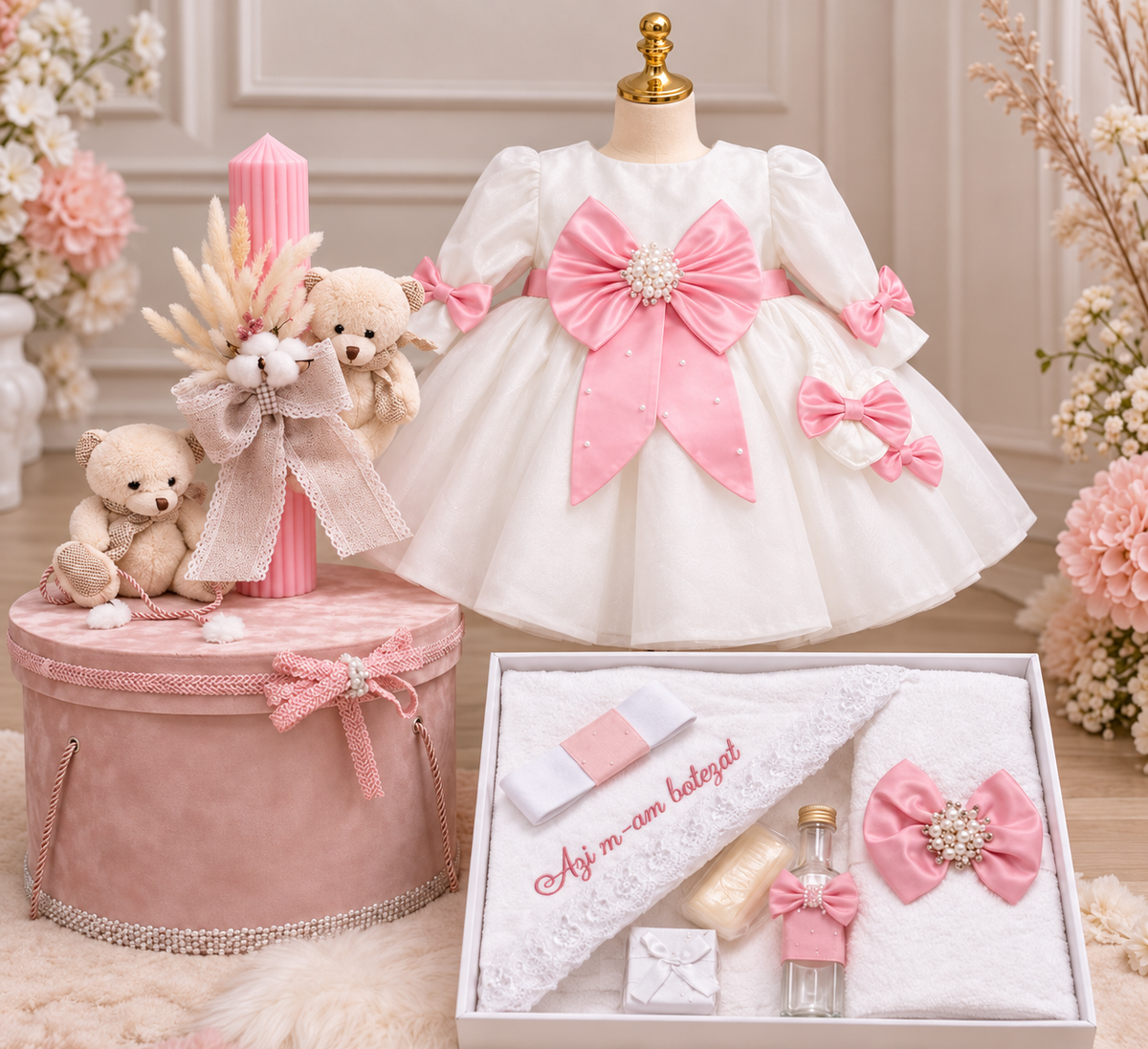 Set botez fetita roz cu ursuleț si fundițe - Trusou+ lumânare+ rochita