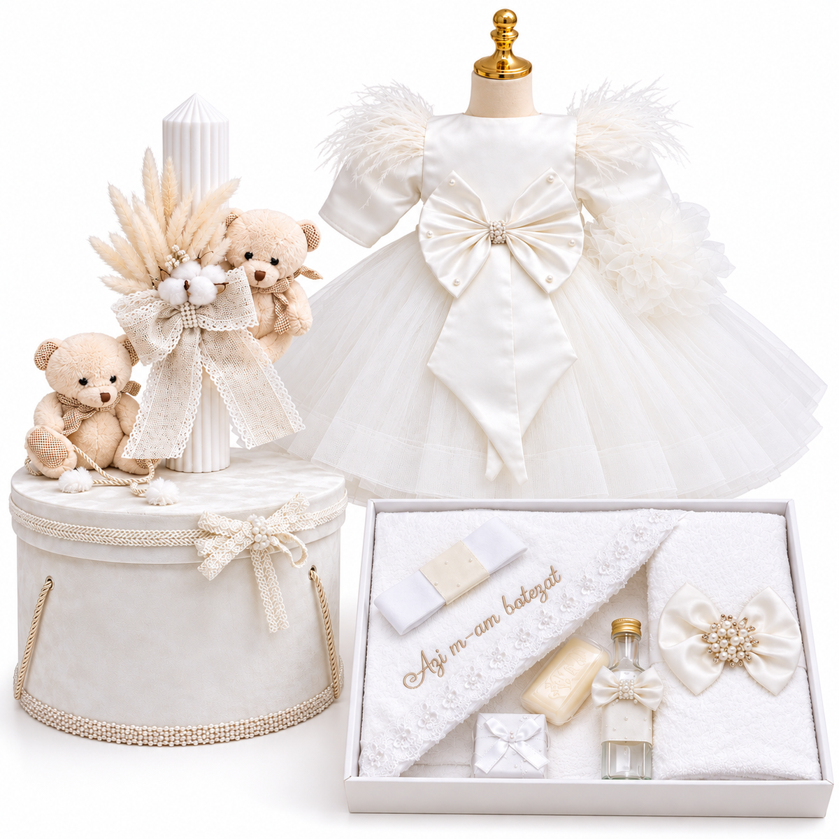 Set botez fetita alb cu ursuleț - Trusou+ lumânare+ rochita