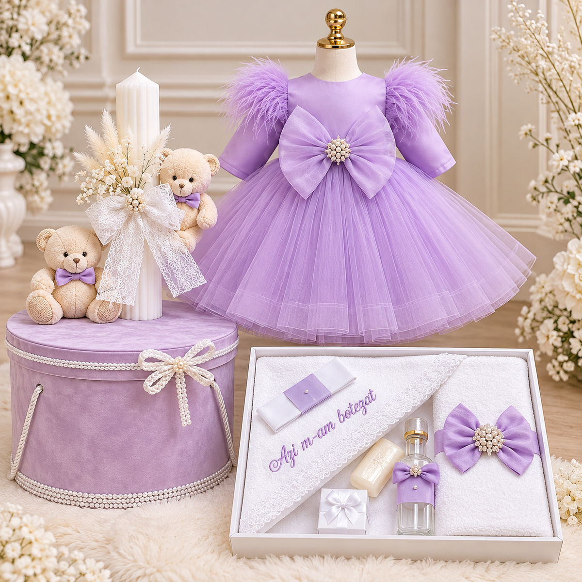 Set botez fetita mov cu ursuleț - Trusou+ lumânare+ rochita