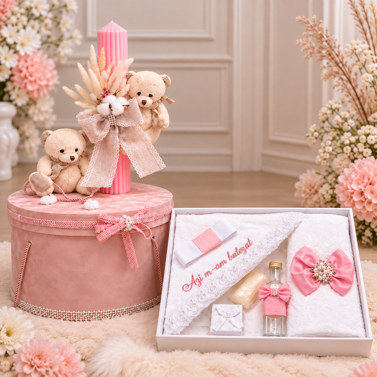 Set botez roz  ursulet (trusou + cutie + lumânare)
